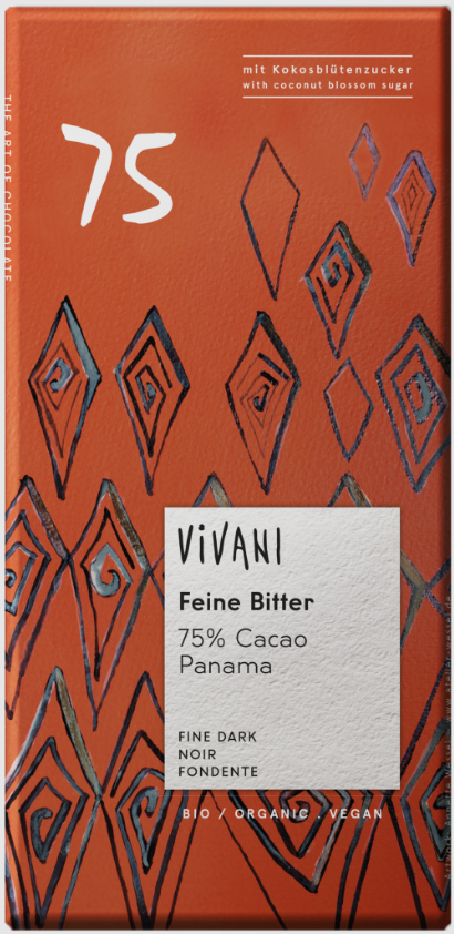Vivani Feine Bitter 75 % Cacao Økologisk Chokolade. Det har et glykæmisk indeks på 32