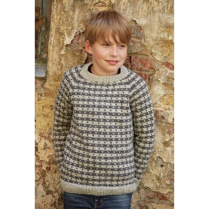 Julians sweater med striber og lus. Mønstret strikkes efter diagram
